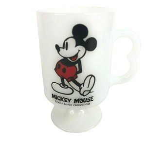 Walt Disney Mickey Mouse Pedestal Mug Milk Glass USA 8 OZ Coffee Cup Vintage